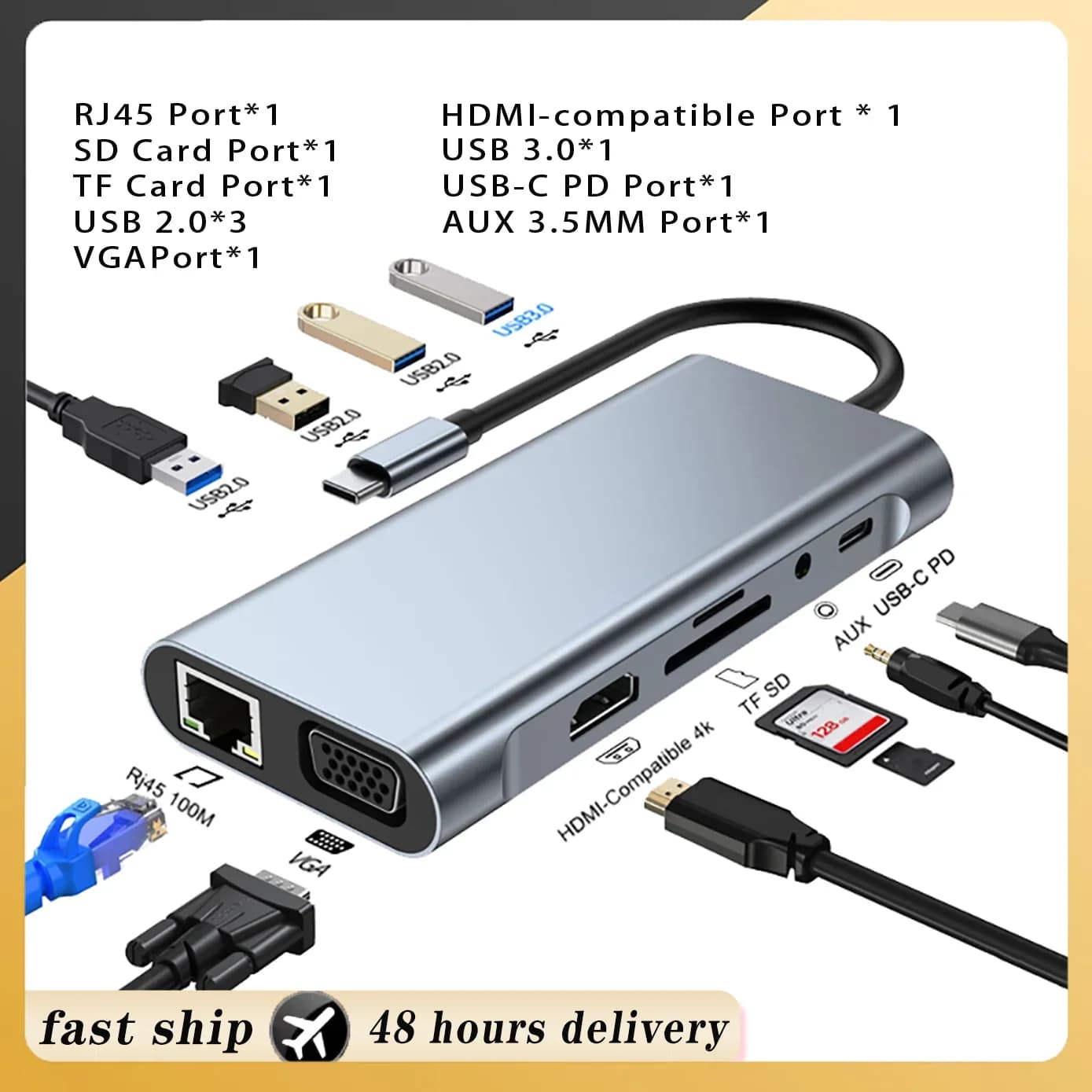 USB C HUB Tipo C Splitter a HDMI 4K Thunderbolt 3 Docking Station Adattatore per laptop con PD SD TF RJ45 per MacBook Air M1 iPad Pro