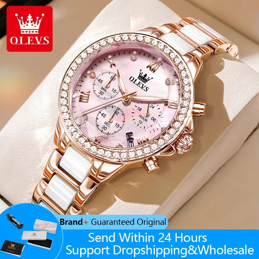 OLEVS 9999 Orologio da donna Orologio da donna al quarzo con specchio a rombo di lusso Cinturino in acciaio ceramico Cronografo Data Orologi da polso impermeabili