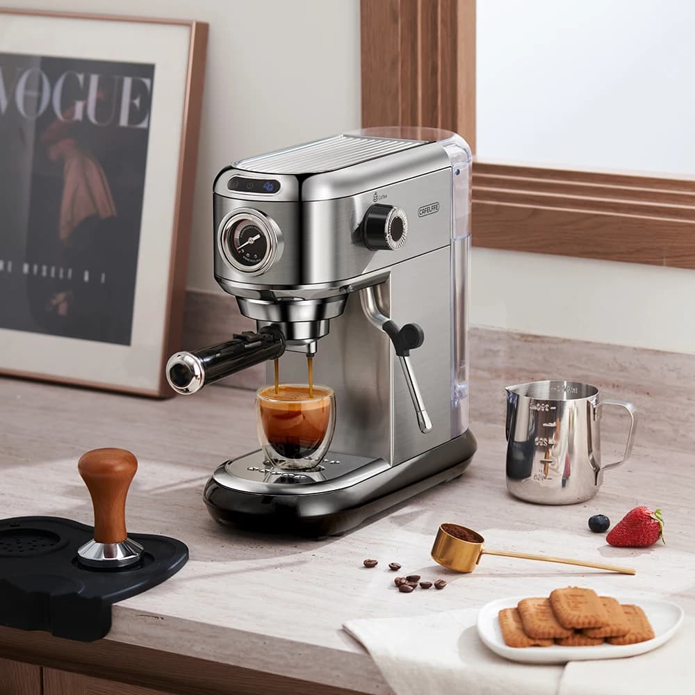 Caffettiera CafeLffe Cafetera 20 Bar Inox Semi Automatica Super Slim ESE POD e Polvere Espresso Macchina per Cappuccino Acqua Calda H11