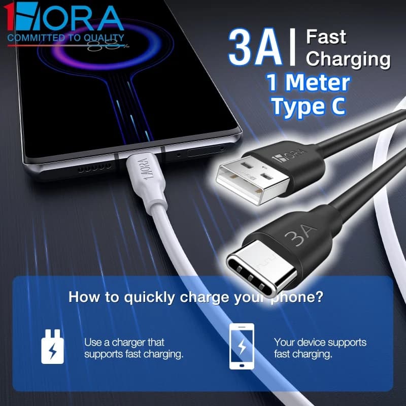 Cavo dati 1HORA Cavo di ricarica rapido USB tipo C 3A Cavo di ricarica di tipo C durevole in materiale PVC da 1 M per tablet Samsung Android