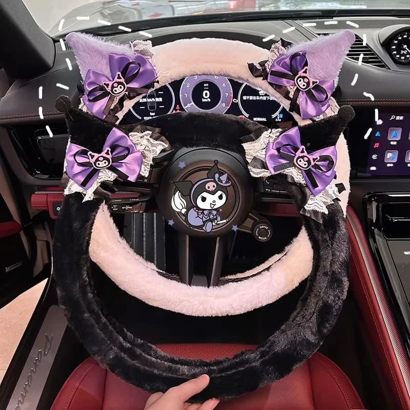 Cute Kuromi Plush Steering Wheel Cover Sanrio Warm Car Steering Wheel Protector Winter Car Interior Accessories for Girls