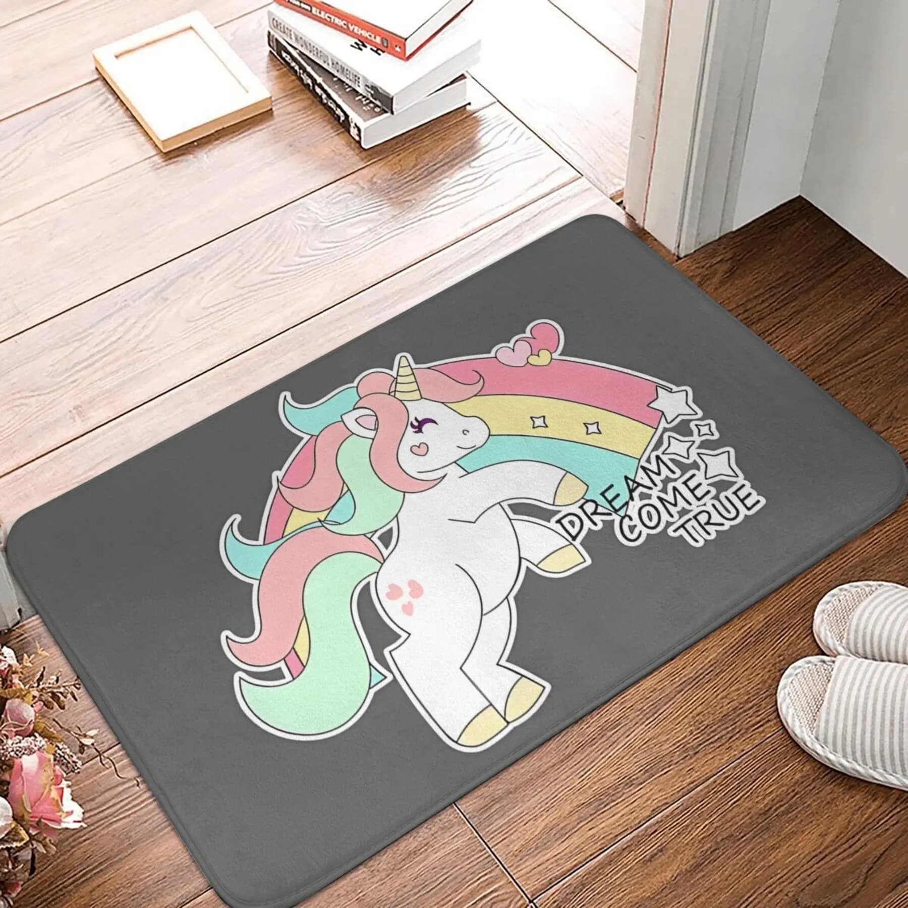 "Dreams Come True" rainbow unicorn print, pastel pattern print, polyester carpet for interior and living rooms