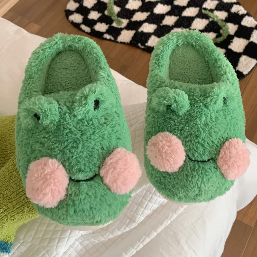 Simpatiche pantofole in pelliccia sintetica soffice rana verde, pantofole da casa in peluche con punta chiusa invernale da donna, scarpe con diapositive in Memory Foam per animali accoglienti