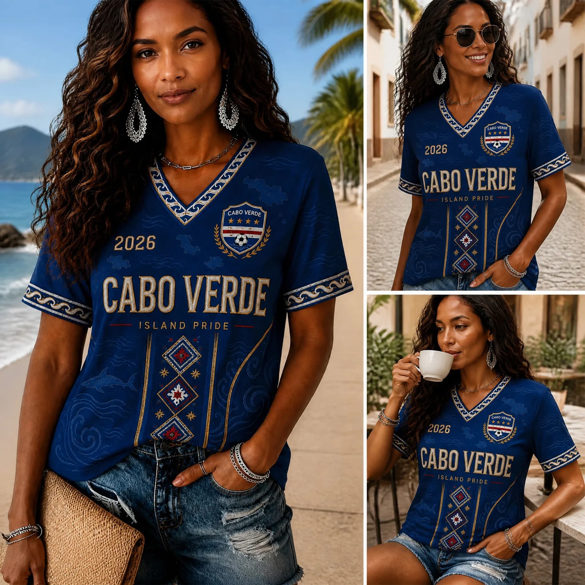 CaboVerde Womens V Neck Football Top Stripe Band Design Casual Short Sleeve Summer Top Tops Island Heritage Beach Style Outfit