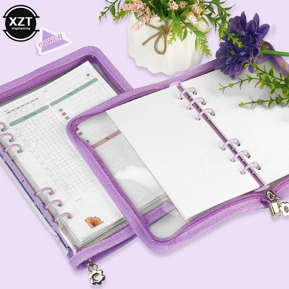 Copertina per notebook A5 a fogli mobili con cerniera glitterata in PVC, diario a 6 fori, studente, studio, cancelleria, ufficio