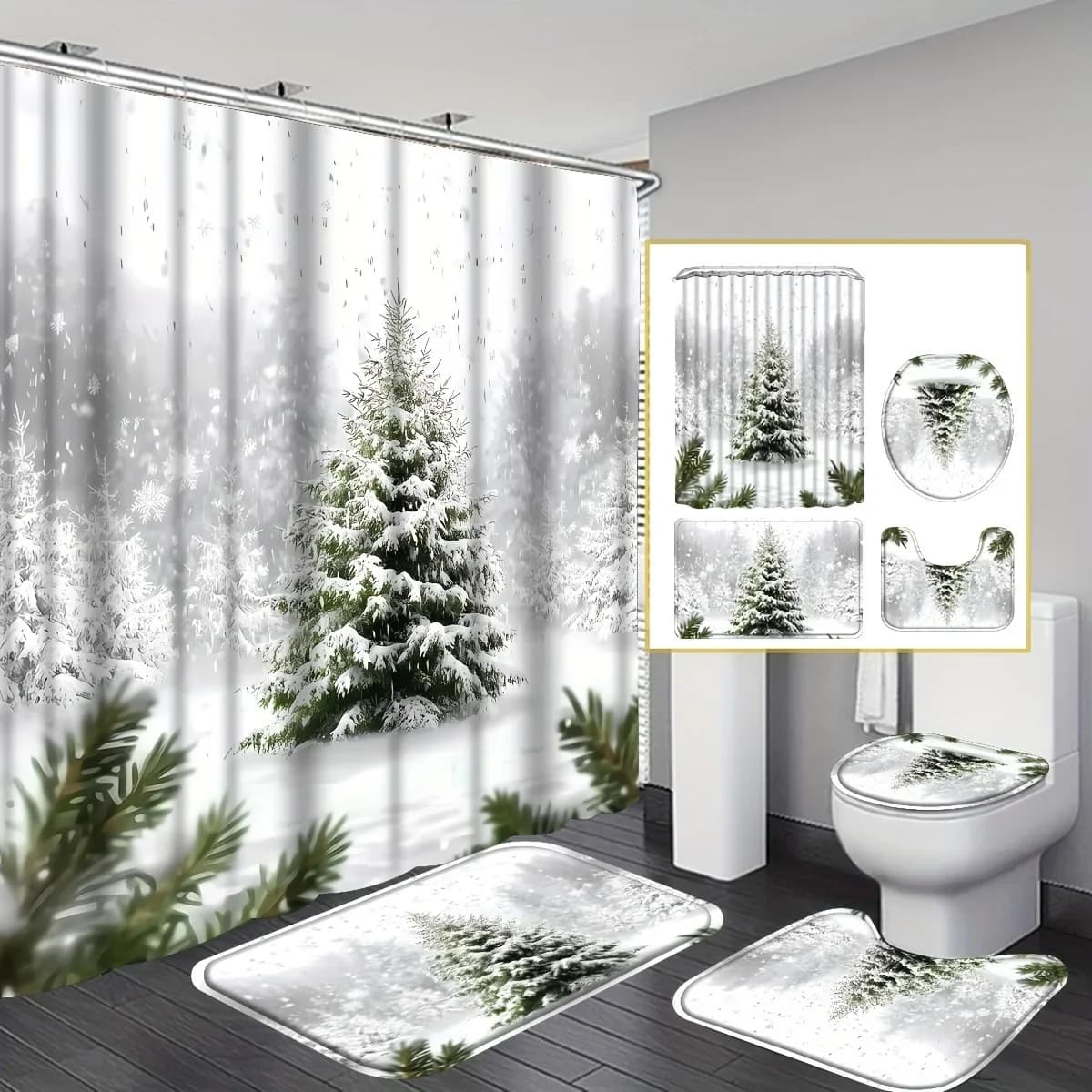 Set da bagno regalo di Natale da 4 pezzi, tenda da doccia e tappetino, tappeto decorativo per il bagno, sedile WC e tappetino antiscivolo a forma di U