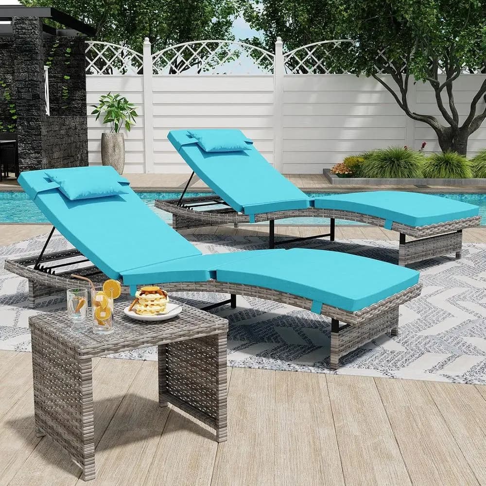 Set di mobili da giardino per esterni in 3 pezzi con sedie reclinabili regolabili, tavolini laterali, vimini resistente, cuscini resistenti alle intemperie, B