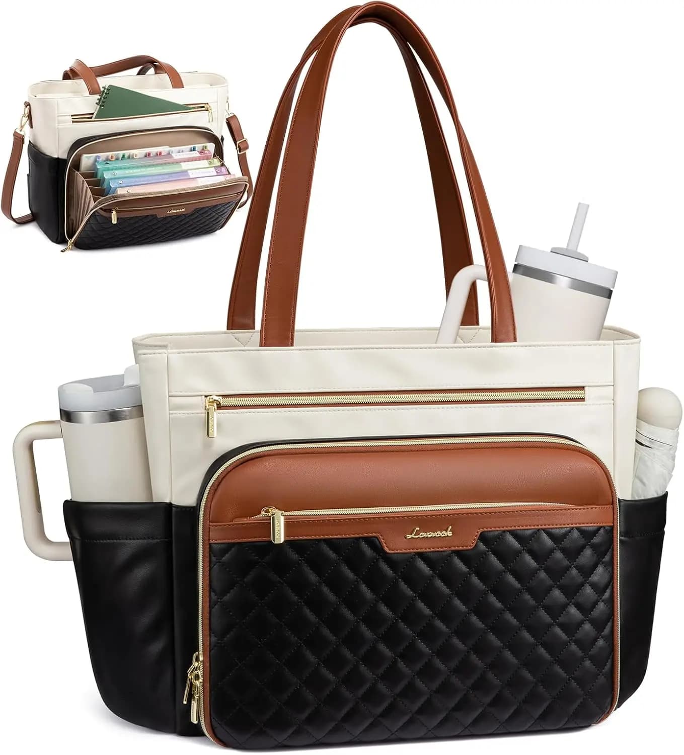 Borsa tote per insegnanti con tasca a fisarmonica, borsa da lavoro in morbida pelle PU trapuntata per laptop con portabicchieri grande