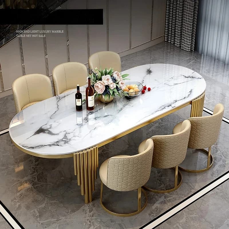 Tavolo da Pranzo Ellipses in Marmo con Gambe in Acciaio Inox Dorato per 6-8 Persone