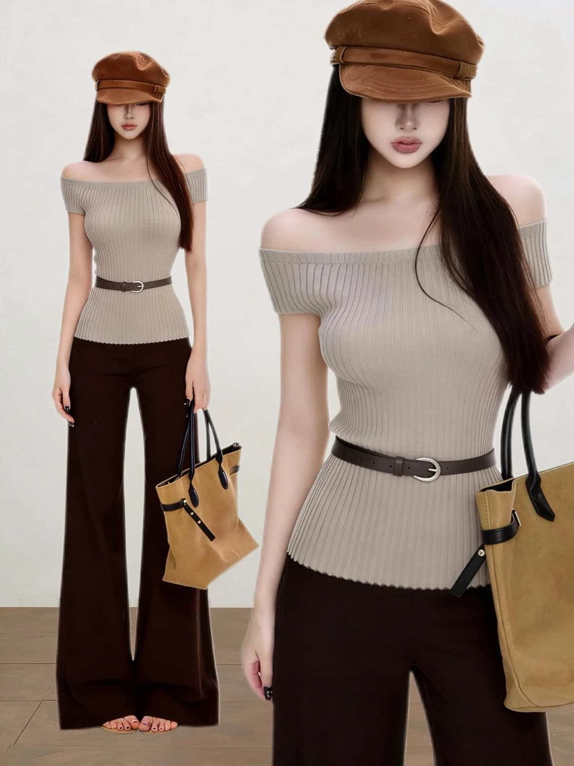 Set lavorato a maglia delicato con pantaloni a zampa e cintura, design morbido monospalla, stile elegante per l'abbigliamento casual estivo di Aileen