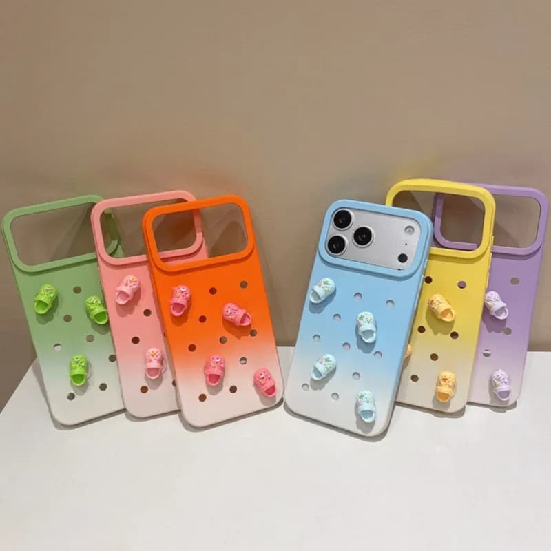 3D Mini Slippers Gradient Dopamine Phone Case For iPhone 13 14 15 16 17 Pro Max 17 Pro Soft Hole-patterned shoes Design Cover