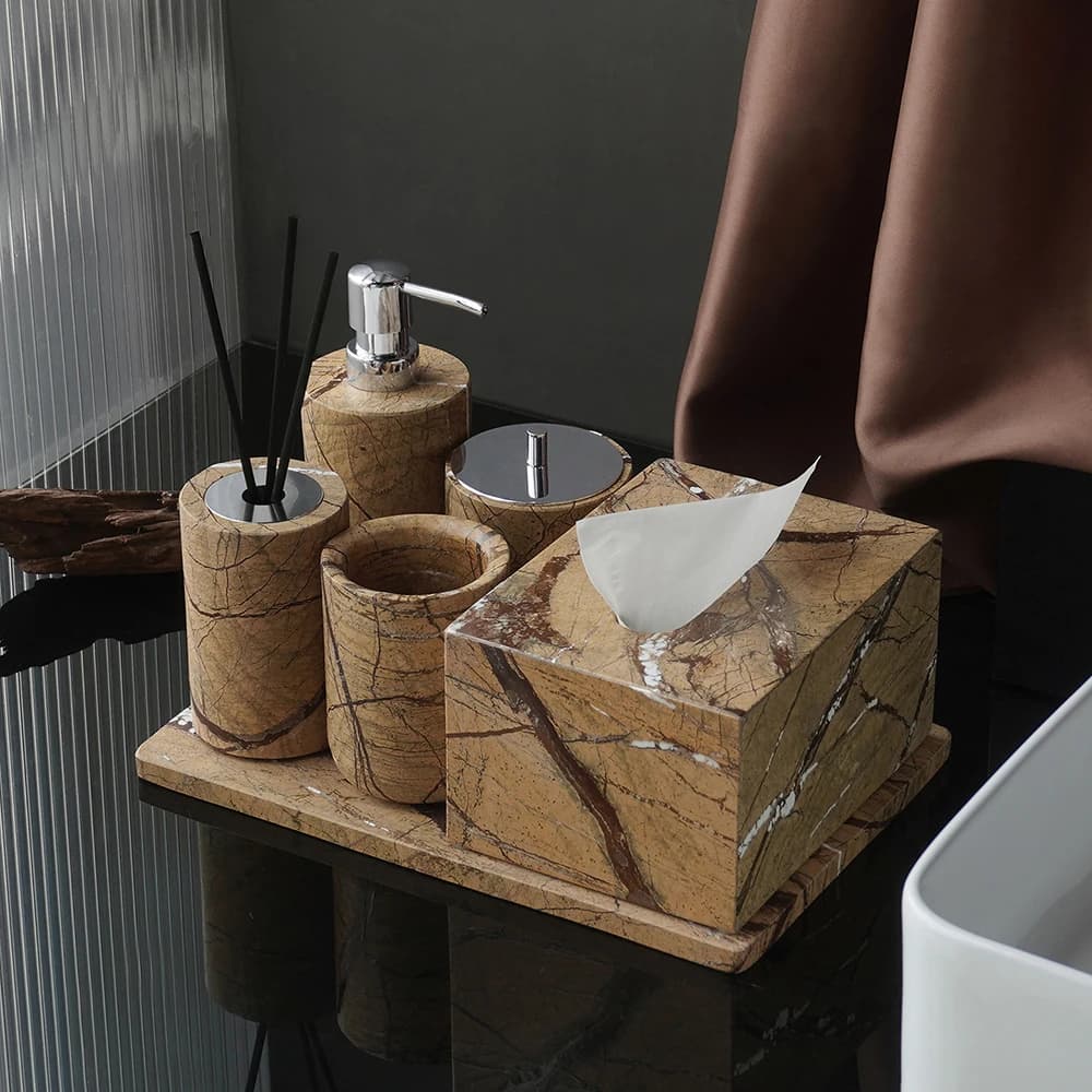 Accessori da bagno in marmo naturale marrone foresta pluviale Portasapone Dispenser di sapone Scatola per fazzoletti Vassoio da bagno Set da bagno