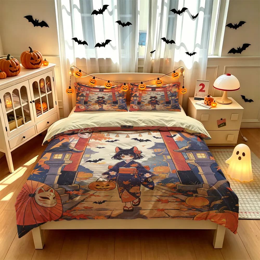 Halloween Duvet Cover Set 3Pcs Japanese Torii Cat Neko Lantern Print Soft Microfiber Bedding with Pillowcases