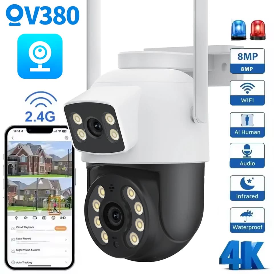V380Pro Telecamera IP wifi PTZ Doppia lente Doppio schermo Rilevazione manuale Visione notturna a colori Telecamera di sorveglianza di sicurezza esterna