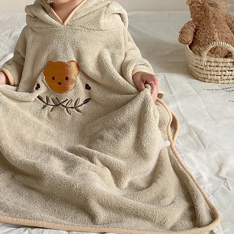 Bathrobe with Kids Hood with Bear Embroidered in Apple Coral Absorbent 1-3 Years 80-100cm