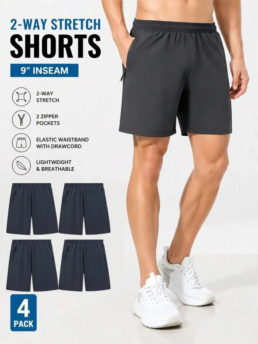 4-Pack Mens 9 Inch Inseam 2-Way Stretch Shorts With Zipper Pockets And Drawcord Waist