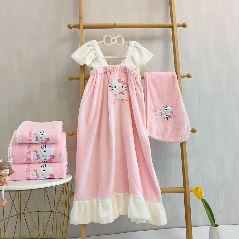 Gonna da bagno 4 pezzi Sanrios Hello Kitty Abito per ragazze Spalla carina e dolce Indumenti da notte Asciugamano da bagno Accappatoio Abbigliamento casual per la casa