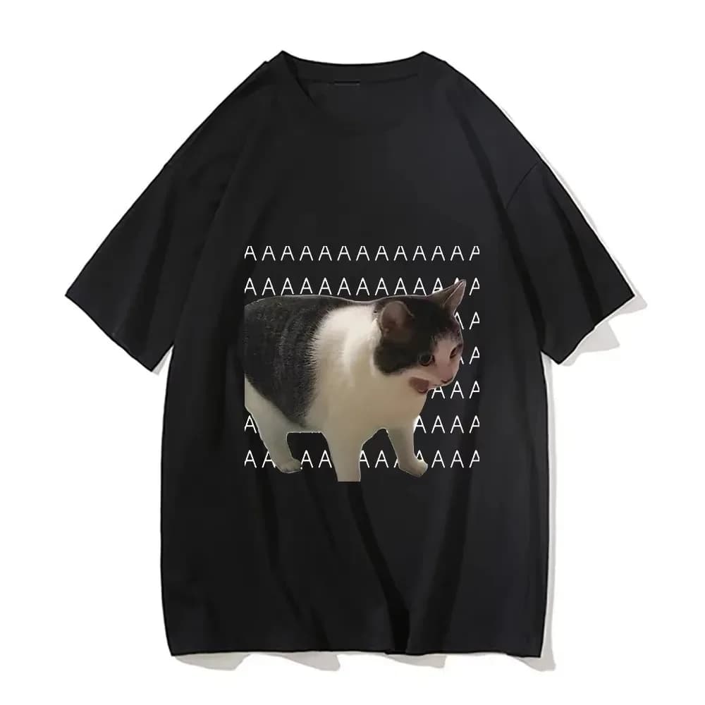 Unisex casual t-shirt with funny print of a sad cat crying, short sleeved t-shirt in Harajuku style for everyday use