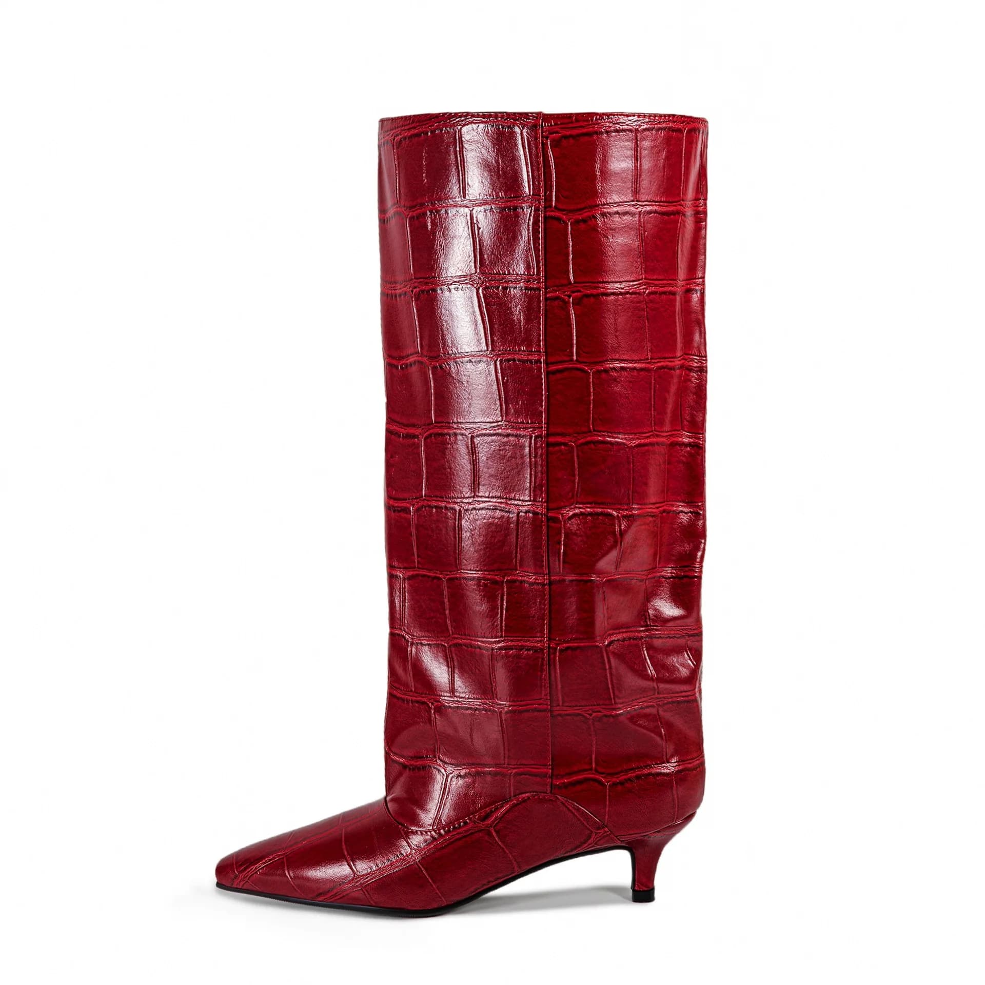 Women's High Boots with Coccodrillo Printing, Square Toe, Rocchetto Heel, Polished Finish, Stylish Evenings and Appointments
