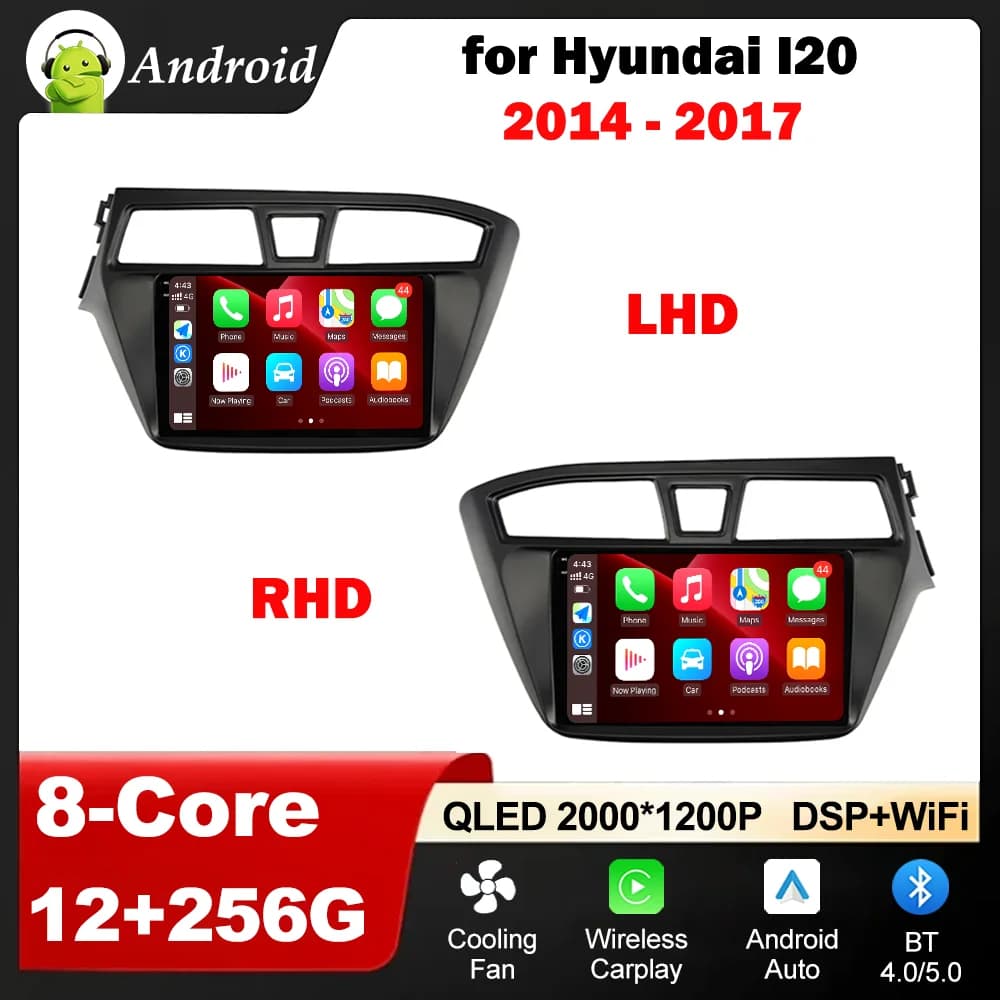 Per Hyundai I20 2014 - 2017 autoradio Video Mulltmedia Player GPS Android OS Carplay WiFi Bluetooth QLED IPS schermo strumenti Auto