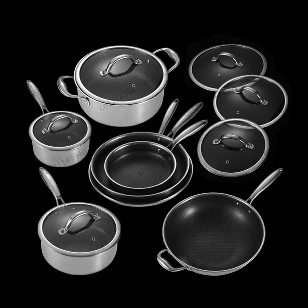 Nonstick Coating Stainless Steel Honeycomb Cookware Set Fry Pan with Lids Kitchen Wholesale