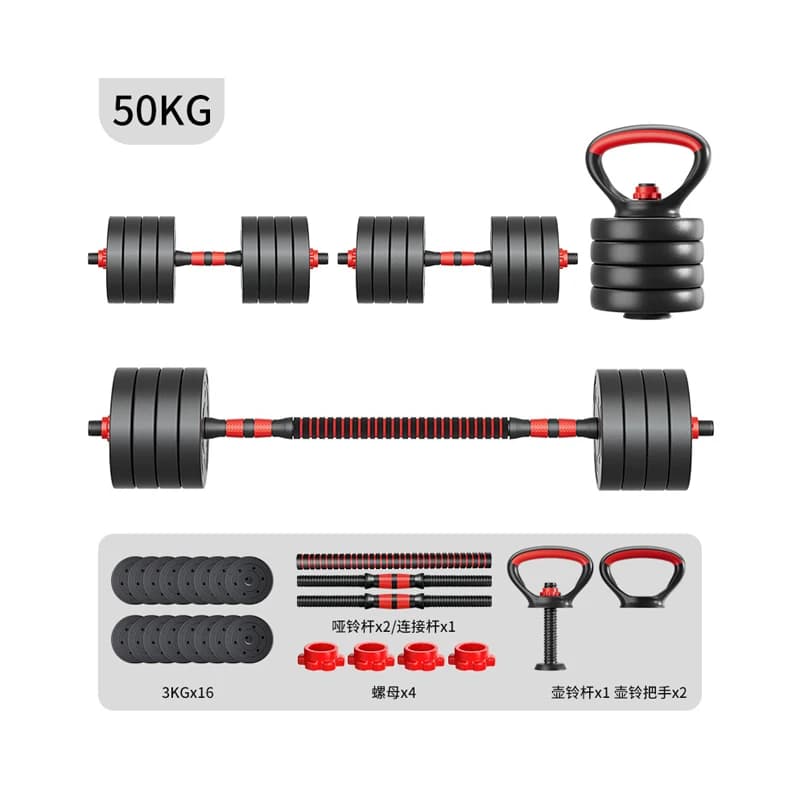 Equipment 10KGS/15KGS/20KGS/25KGS/30KGS/40KGS/50KGS 4 in 1 Cement Dumbbell Barbell Kettlebell Set with PVC Shell