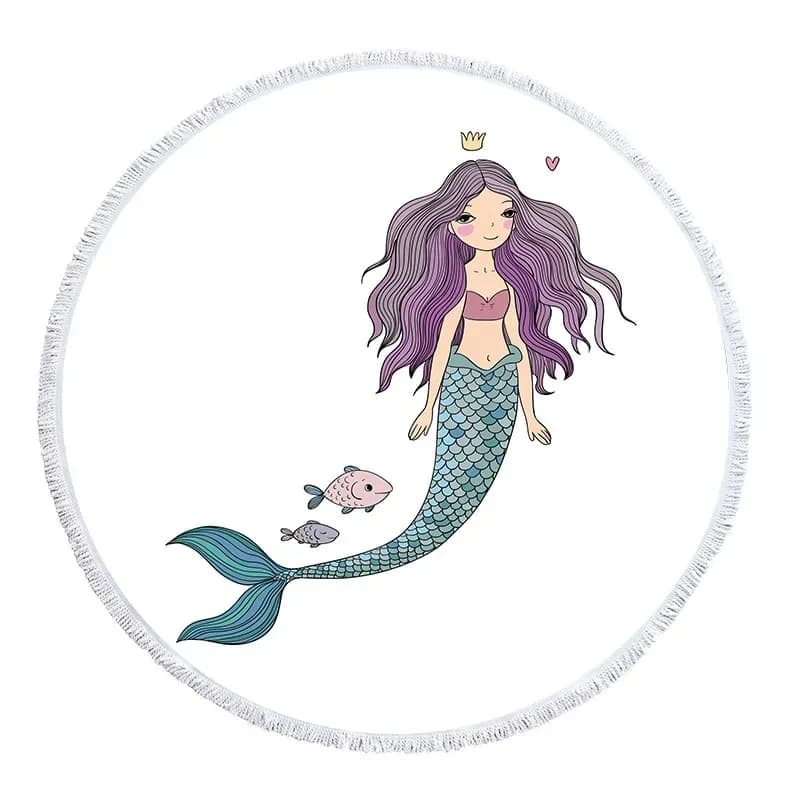 Telo Mare Gigante Rotondo in Microfibra Rosa con Stampa Sirena, Tappetino Yoga Estivo per Bambini, Coperta con Nappe