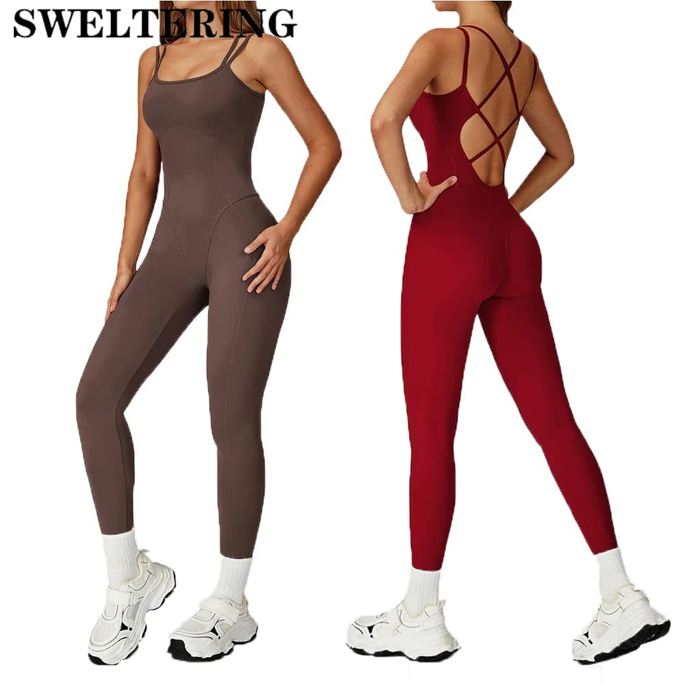 Fitness suit Gym workout suit Sexy suit with cross strap on the back Sports suit without back Backrest Woman running Yoga suit in a piece