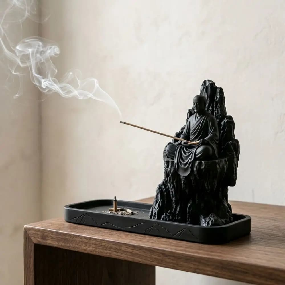 3D Printed Zen Monk Stick Incense Holder Mountain Cliff Ash-Catching Monk Figurine Censer Simulated Plastic