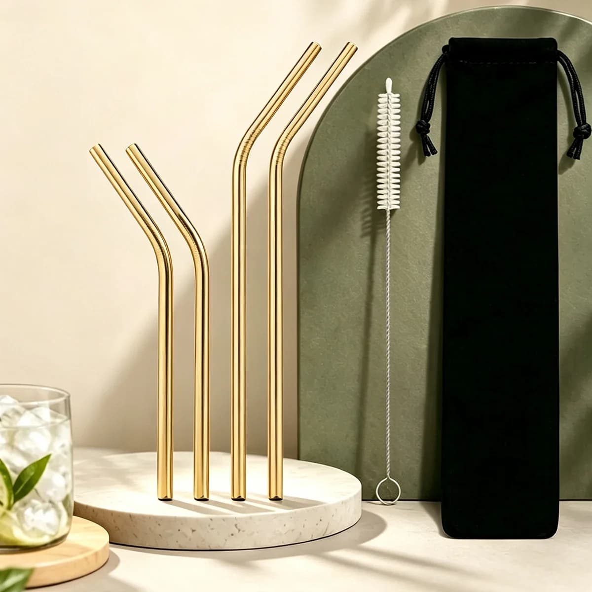 4pcs Reusable Metal Bent Straw Set with Brush Bag 304 Stainless Steel Straw Suitable for Milkshakes Tea Coffee Bar Accessories