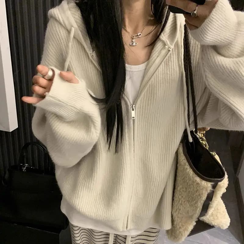 Maglione lavorato a maglia con cerniera coreana Nuovo abbigliamento interno da donna Pigro New Feel Cardigan con cappuccio Capispalla in poliestere Casual Primavera Autunno
