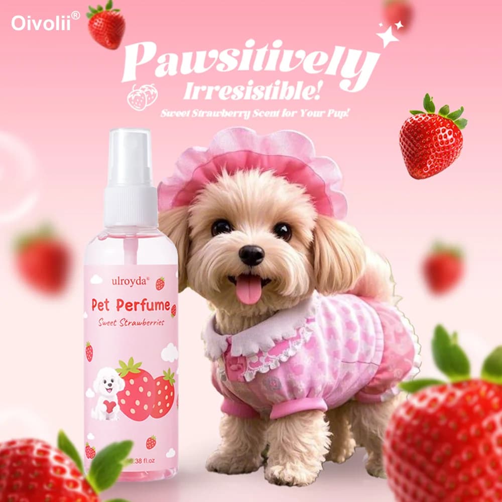 Profumo spray per animali domestici, profumo dolce di fragola, fragranza a lunga durata, formula delicata per cani, gatti, tutte le razze, per la cura quotidiana e per la freschezza.