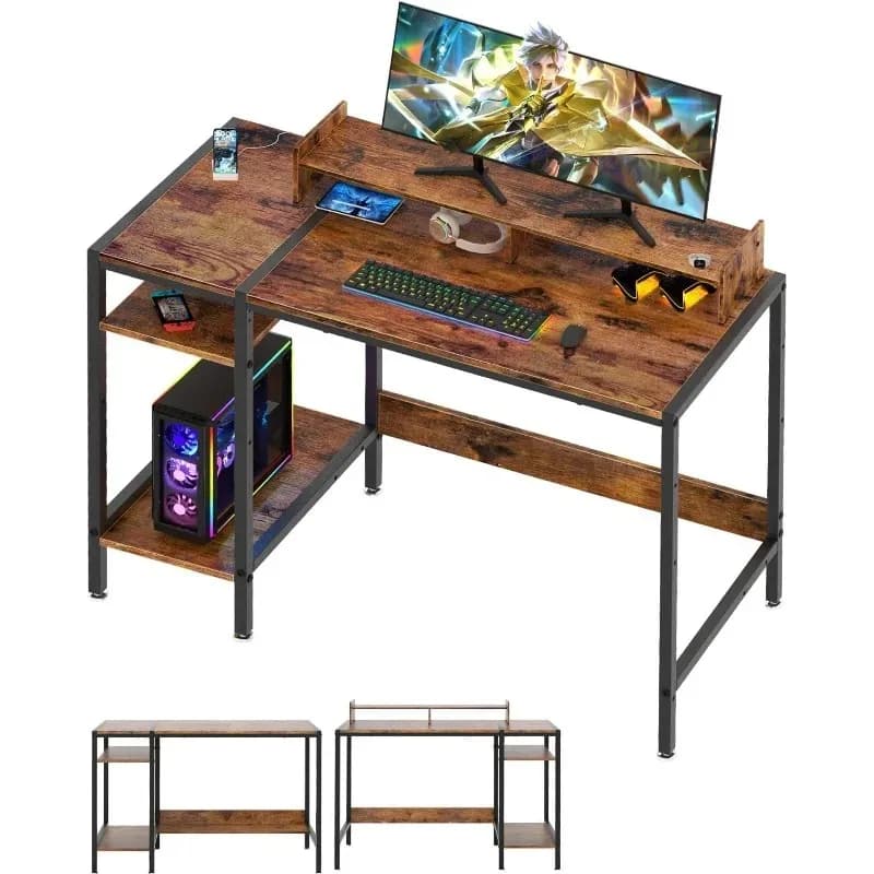 Commercial High Quality 39” Computer Gaming Desk w/ Storage &Monitor Stand, Writing Desk for 2 Monitors