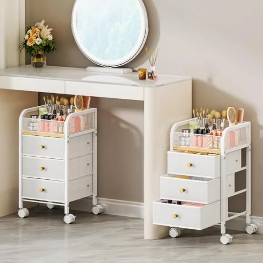 Carrello Organizzatore Trucchi con Ruote - Contenitore Sottoscrivania per Cosmetici con 3 Cassetti in Tessuto Non Tessuto, Carrello Porta Unghie, Espositore Cosmetici