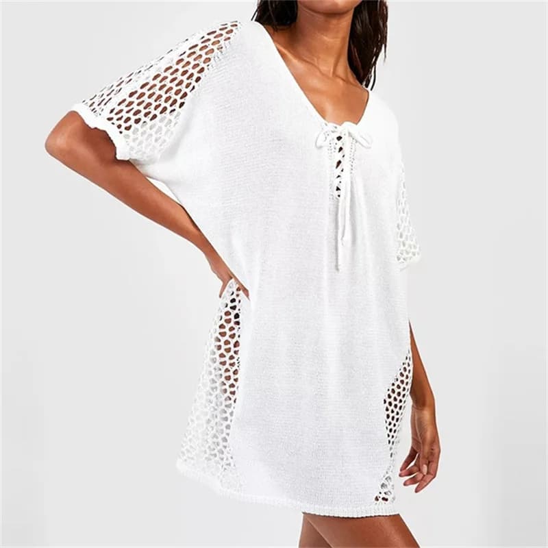 Women's Sexy Hollow Out Knitting Lace Up Short Beach Dress Casual Loose Swimwear Summer Sheer Crocheted Swimsuit Bikini Cover Up