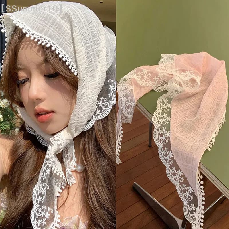 【SSummer10】Fascia per capelli con sciarpa triangolare in pizzo francese con motivo floreale, stile INS, in seta Lolita, accessorio moda donna【SS】