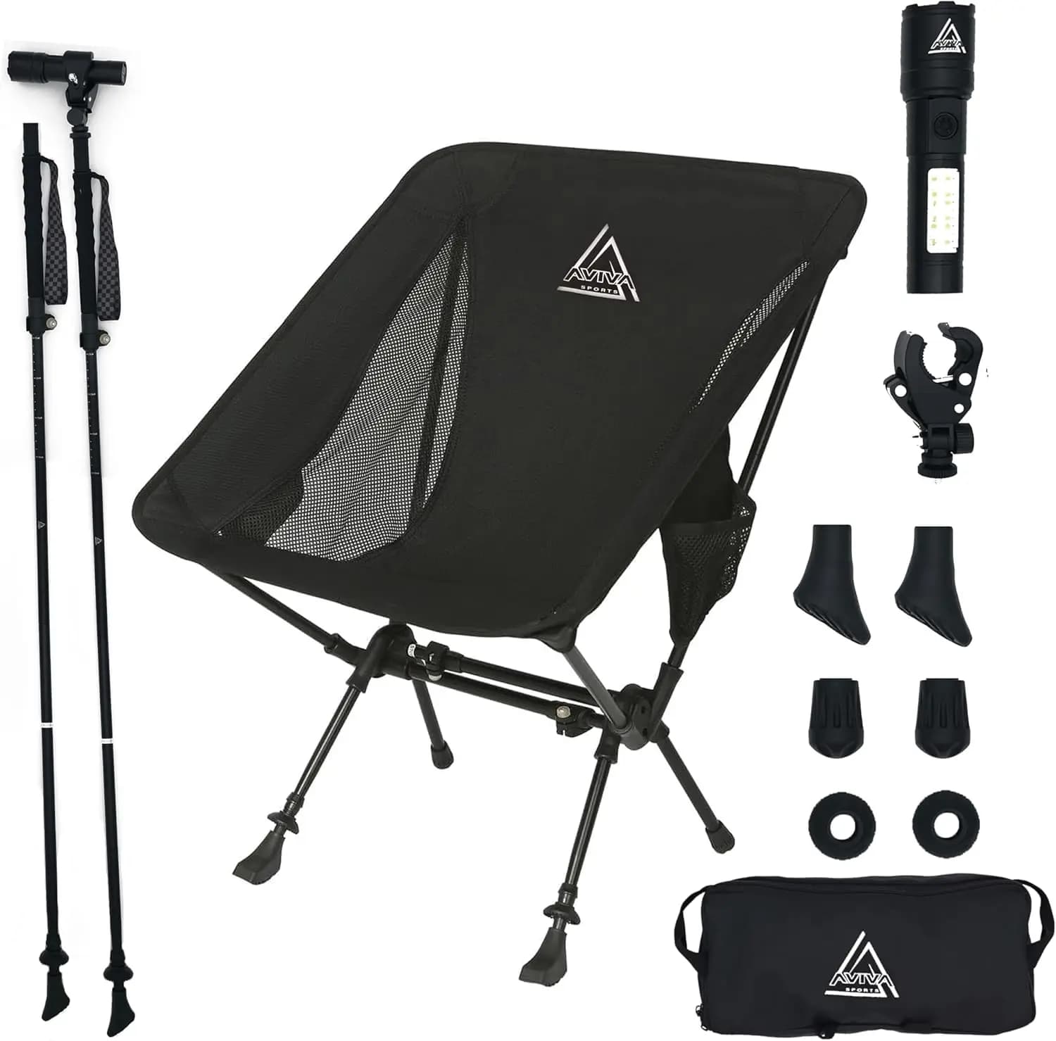 Camping chair 3 in 1, Trekking sticks and torch – Light 3 pounds kit with LED light