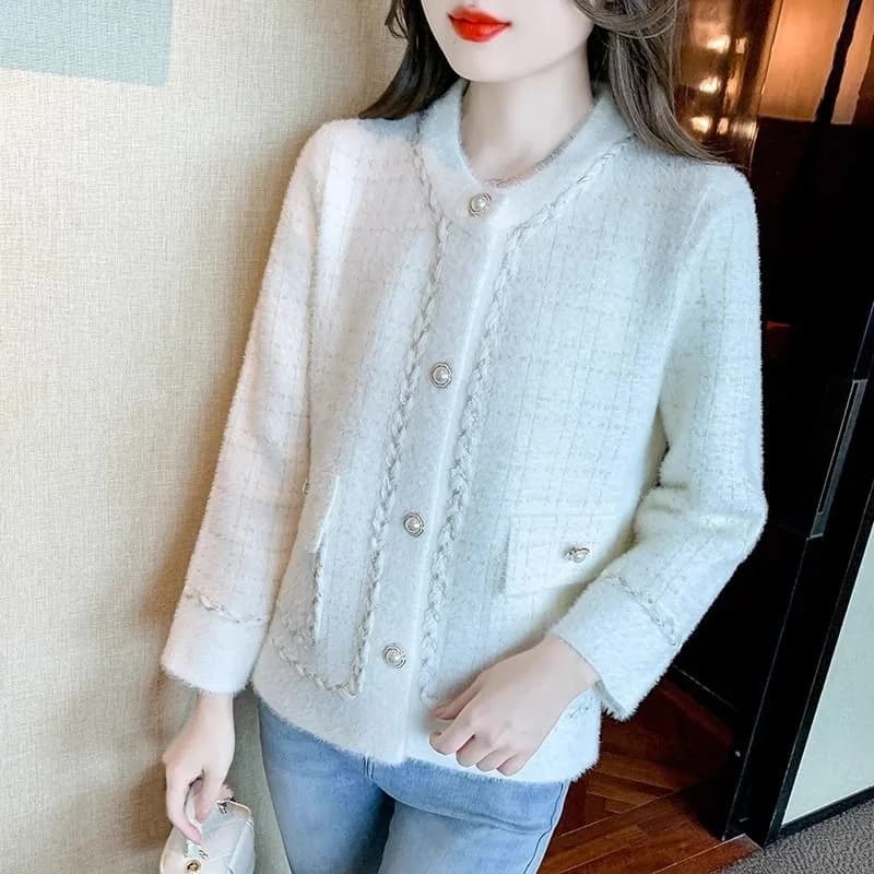Plaid Contrasting Round Neck Autumn and Winter Women's Buttoned Long-sleeved Cardigan Jacket Fashionable and Elegant Top