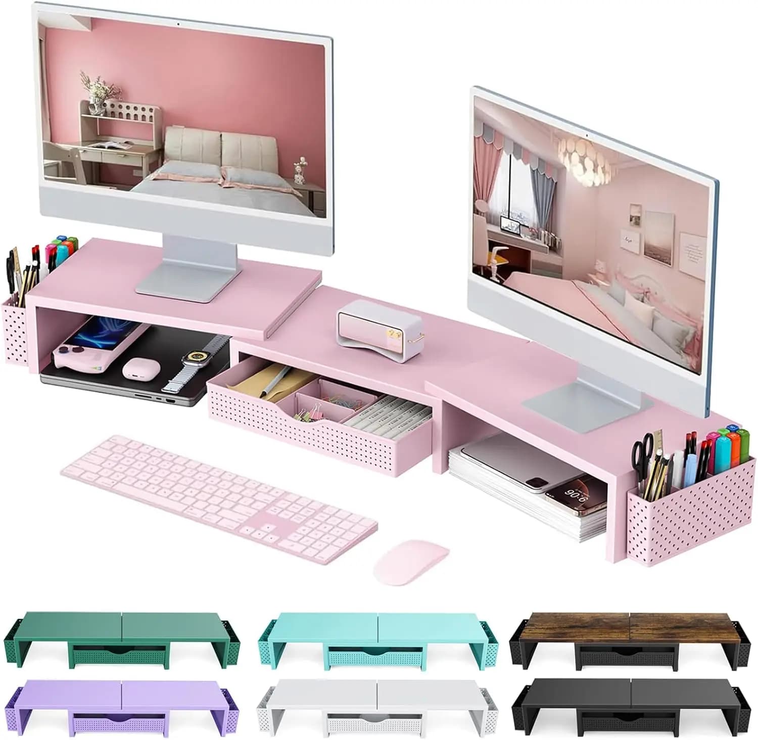 Supporto per Doppio Monitor con Cassetto e Portapenne, Organizzatore da Scrivania Rosa