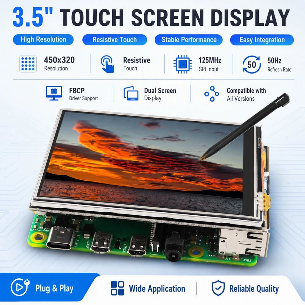 3.5 Inch TFT Touch Screen Display 450*320 Resolution SPI LCD Monitor Resistive Touch Panel Max 125MHz FBCP Driver Dual Screen Support Compatible with Raspberry Pi Zero W 2B 3B 3B+ 4B for Video Game Play Project Display