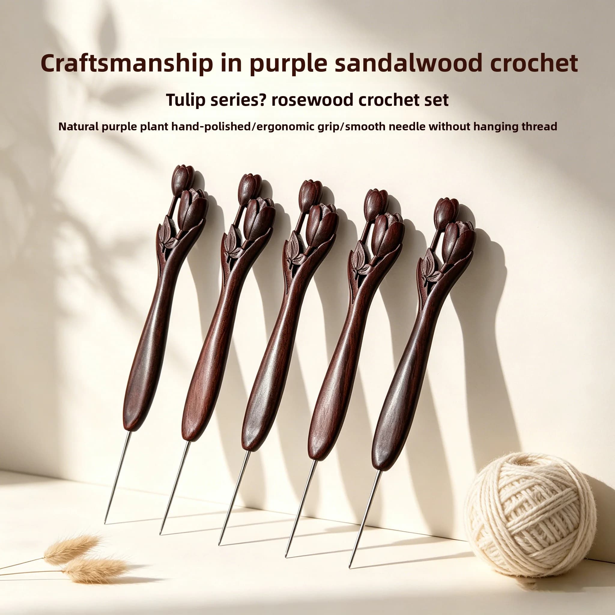 Frada Tulip Red Sandalwood Handle Crochet Hook Hand Polished Stainless Steel Needle Doll Wool DIY Knitting