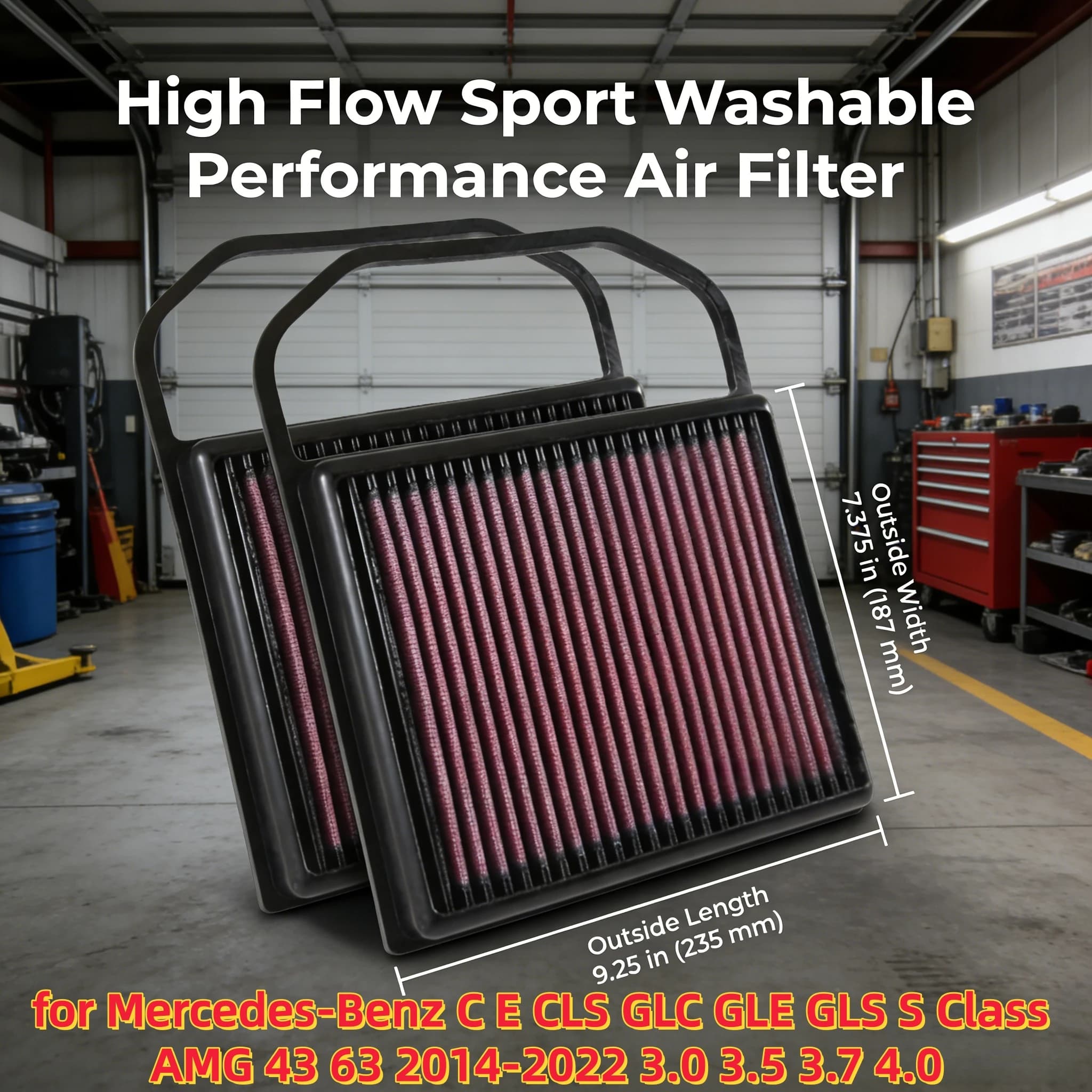 Filtro Aria Sportivo Lavabile ad Alto Flusso per Mercedes-Benz Classe C E CLS GLC GLE GLS S AMG 43 63 2014-2022 3.0 3.5 3.7 4.0 33-5032
