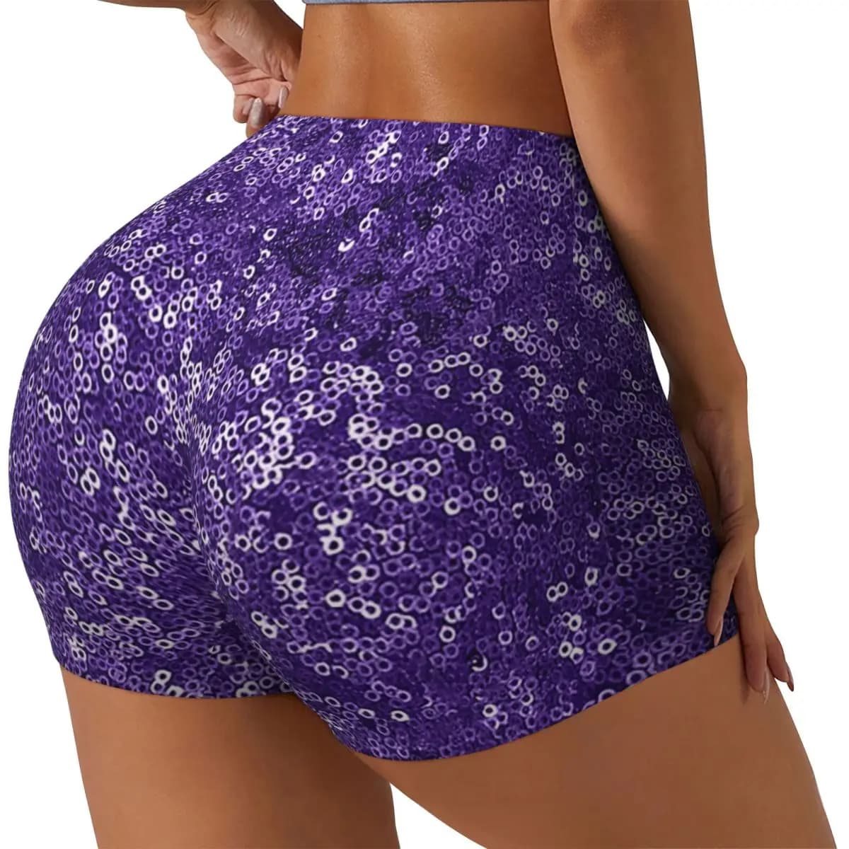 Running shorts for women's gym workout with custom purple sequins Yoga shorts for athletic volleyball bikers