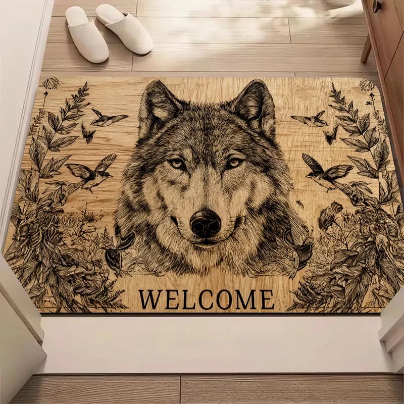 Tappeto Zerbino con Stampa Lupo "WELCOME", Antiscivolo e Lavabile per Interni ed Esterni, Ingresso, Soggiorno, Camper e Arredamento Casa