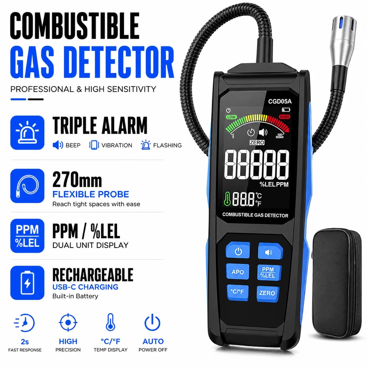 Natural Gas Leak Detector 10inch Flexible Neck Portable Rechargeable Gas Alarm with Sound Vibration Flash 3-Alarm for Home Kitch