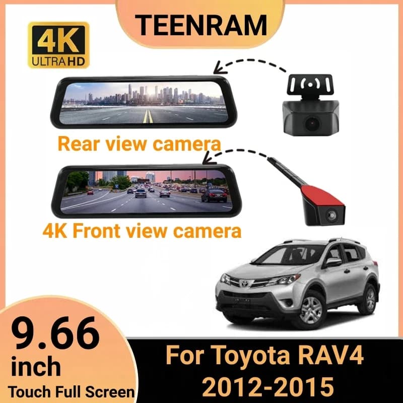 For Toyota RAV4 2012-2015 Dashcam 9.66 inch rearview mirror with 4K front view 1080P Rearview camera Parking monitoring system