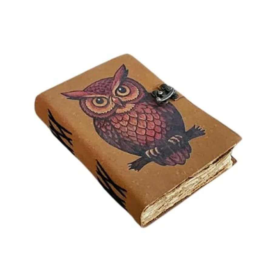 Handmade Leather Owl Journal Vintage Lock Diary 8 x 6 Inch, TAN UV Print Owl Notebook, Refillable Travel Sketchbook, Gothic Fan