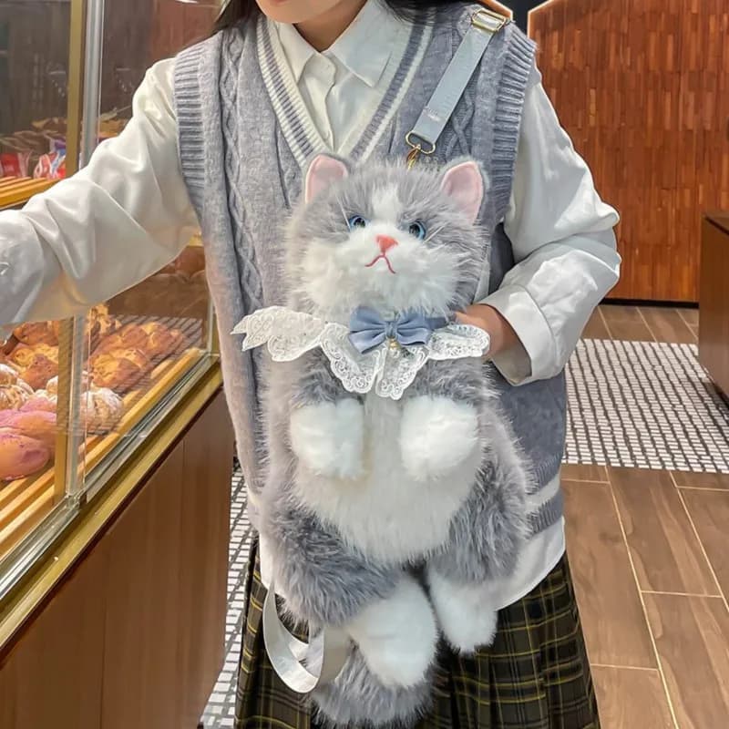 Zaino a Forma di Gatto per Ragazze, Morbido Zaino Scolastico in Peluche Stile Fairycore, Zaino da Viaggio Leggero Stile Harajuku per Donne