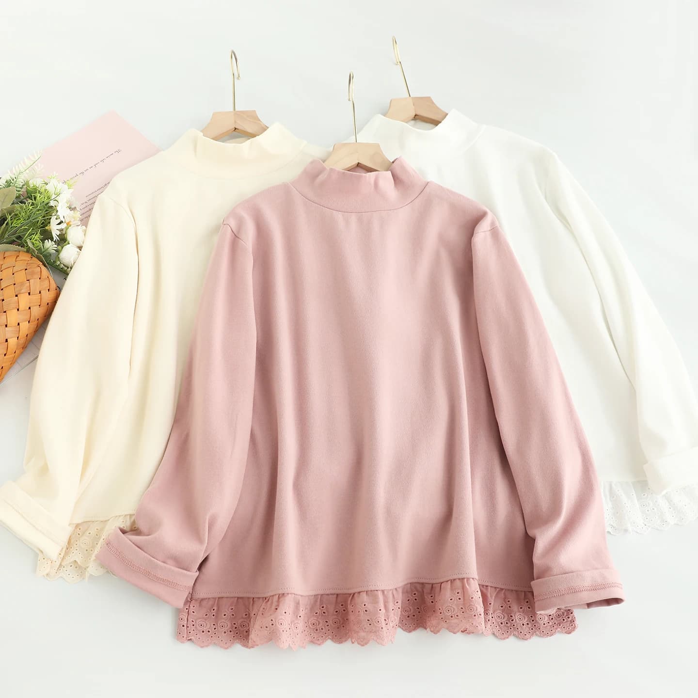 T-shirt in cotone tinta unita giapponese dolce Mori Girl donna autunno nuovo collo alto manica lunga casual pullover allentato