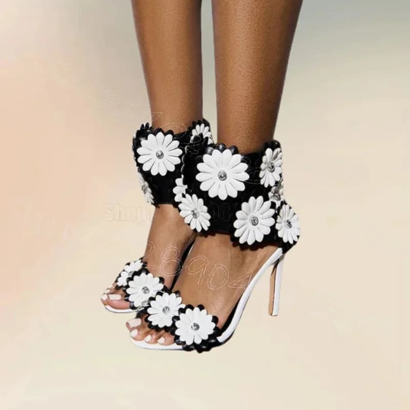 Sandali con tacco alto e punta aperta, design con applicazioni bianche, cerniera posteriore, scarpe da donna, tacco sottile, per feste e cerimonie 2025, Zapatos Para Mujeres
